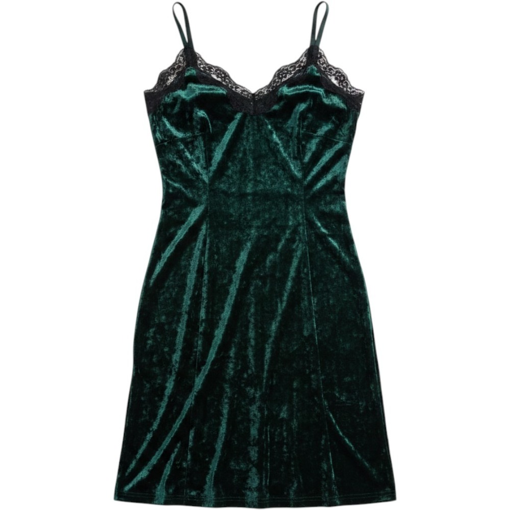 Blue Leopard Green Crushed Velvet Lace Trim Midi Slip Dress L Slit Whimsgoth Y2K